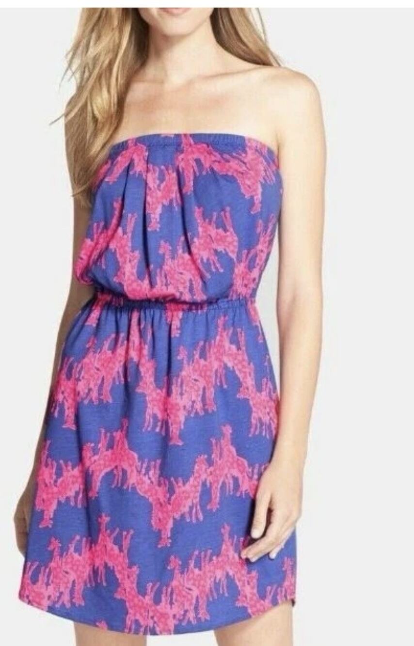 Lilly Pulitzer Windsor Giraffe Strapless Dress Blue Purple Pink Pima Cotton M